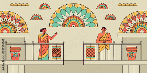 Indian women wave from a balcony adorned with colorful mandalas and arches