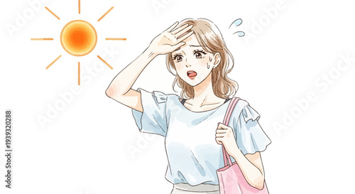 Woman shields eyes from sun with hand while carrying pink bag