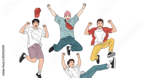 Four young men jumping and flexing in a joyful outdoor setting freely