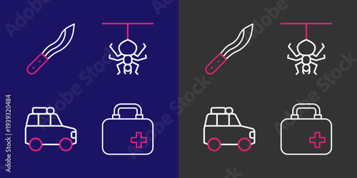 Set line First aid kit, Car, Spider and Machete icon. Vector