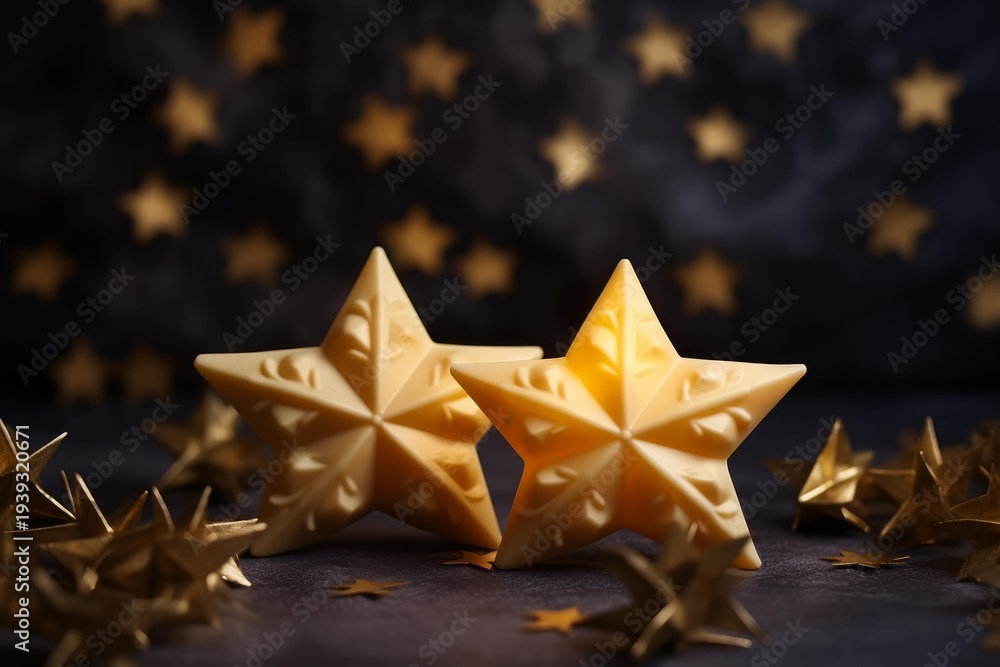 Obraz premium Golden decorative stars illuminating a celebratory and mysterious dark background