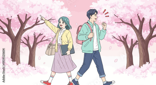 A young couple walks under blooming cherry blossoms, girl pointing and boy reacting.
