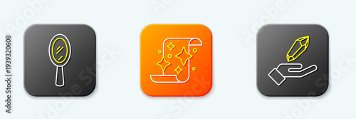 Set line Magic hand mirror, scroll and stone icon. Vector