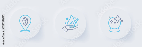 Set line Magic ball, Hand holding fire and stone icon. Vector