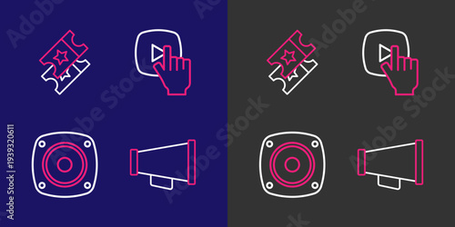Set line Megaphone, Stereo speaker, Online play video and Cinema ticket icon. Vector