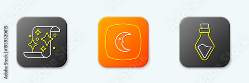 Set line Magic scroll, Moon and stars and Bottle with potion icon. Vector