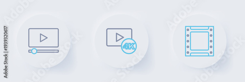 Set line Play video, Screen tv with 4k and Online play icon. Vector