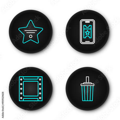 Set line Paper glass with water, Play video, Buy cinema ticket online and Walk of fame star icon. Vector