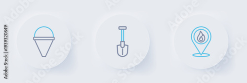 Set line Location with fire flame, Fire shovel and cone bucket icon. Vector