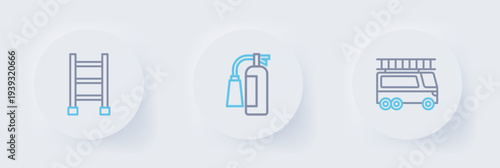 Set line Fire truck, extinguisher and escape icon. Vector