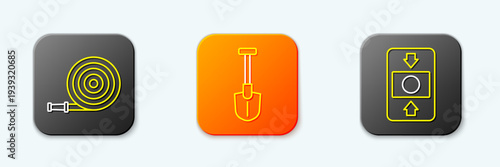 Set line Fire hose reel, shovel and alarm system icon. Vector