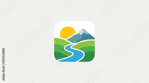 A beautifully simplified image of a nature landscape featuring mountains, a sunny sky, and a flowing river, representing tranquility and the beauty of the natural world.