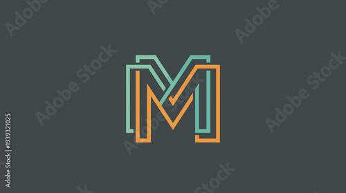 An abstract representation of the letter M composed of vibrant green and orange lines, showcasing a playful interaction between geometry and color bringing energy to design.