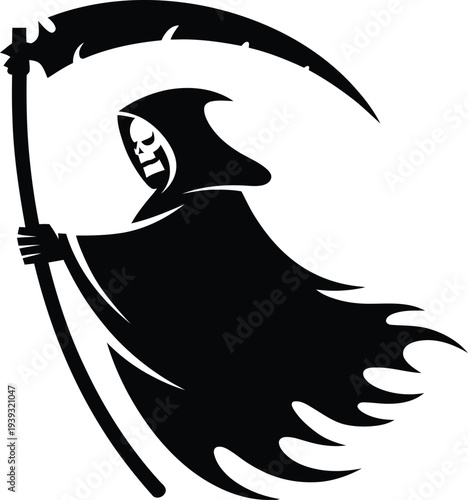 Grim Reaper with Scythe Vector Illustration - Dark Silhouette of Death Figure in Black Robe for Halloween, Horror, or Macabre Designs