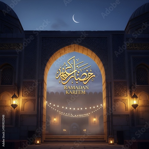 Ramadan Kareem inscription in illuminated archway at night  