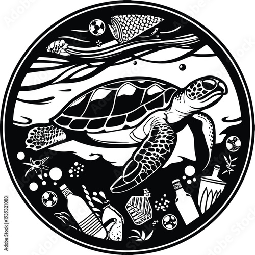 Vector illustration of sea turtle surrounded by ocean pollution