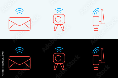 Set line Usb wireless adapter, Mail and e-mail and Web camera icon. Vector