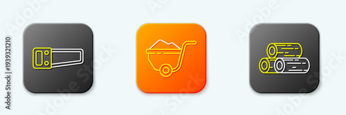 Set line Hand saw, Wheelbarrow with dirt and Wooden logs icon. Vector