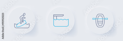 Set line Boat with oars, Diving board or springboard and Surfboard icon. Vector