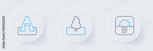 Set line Sunrise, Tree and Tourist tent icon. Vector