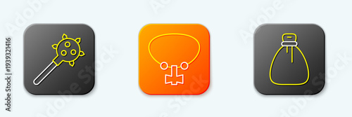 Set line Mace with spikes, and Old money bag icon. Vector