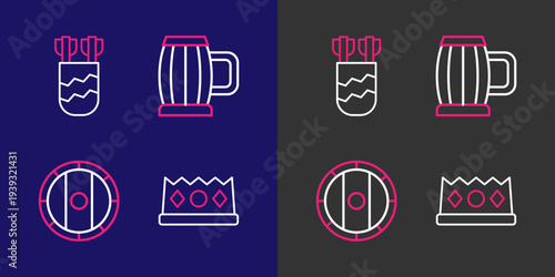 Set line King crown, Shield viking, Wooden beer mug and Quiver with arrows icon. Vector
