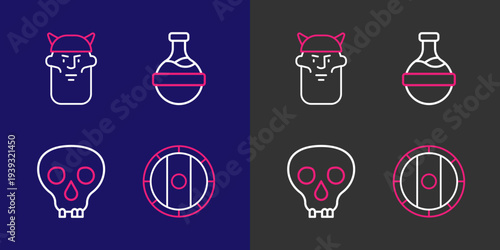 Set line Shield viking, Skull, Bottle with potion and Viking head icon. Vector
