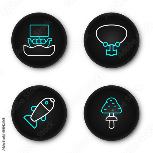 Set line Mushroom, Fish, Mace with spikes and Viking ship Drakkar icon. Vector