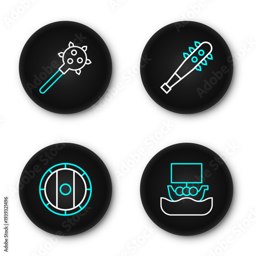 Set line Viking ship Drakkar, Shield viking, Necklace with gem and Mace spikes icon. Vector