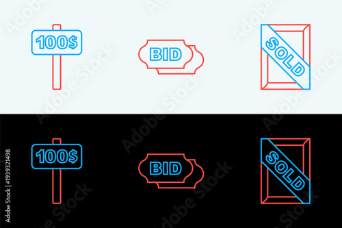 Set line Auction painting sold, Hand holding auction paddle and Bid icon. Vector