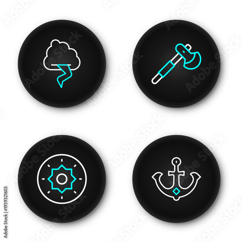 Set line Anchor, Shield viking, Wooden axe and Cloud and lightning icon. Vector