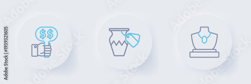 Set line Auction jewelry sale, ancient vase and Hand holding auction paddle icon. Vector