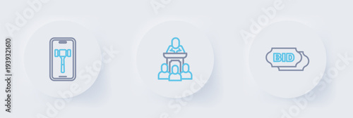 Set line Bid, Auction auctioneer sells and Online icon. Vector