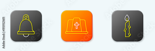 Set line Church bell, Pope hat and Burning candle icon. Vector