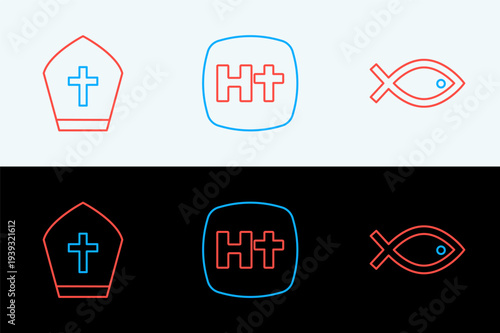 Set line Christian fish symbol, Pope hat and cross icon. Vector