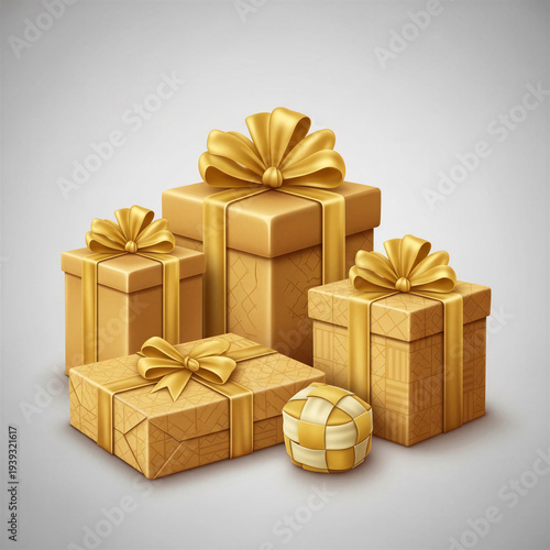 Traditional Eid gifts for children in golden wrapping with bows  
