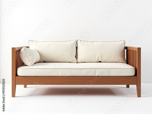 A simple wooden couch with two pillows on top, ideal for living room or bedroom decor