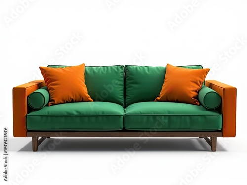 A living room sofa with green and orange upholstery and matching cushions