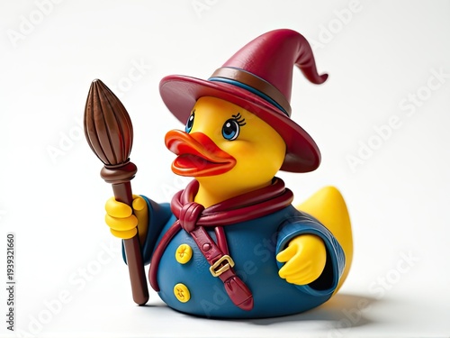 A playful rubber duck wearing a hat and holding a broom, great for kids' illustrations or creative projects