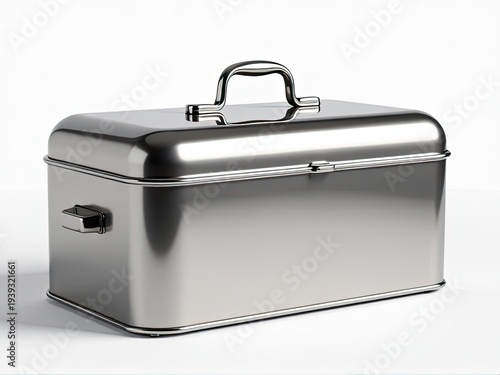 A small metal box with a handle on a white surface