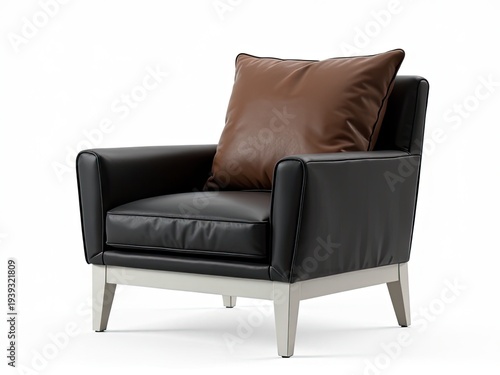 A close-up of a black leather chair with a brown pillow, perfect for interior design or furniture photography