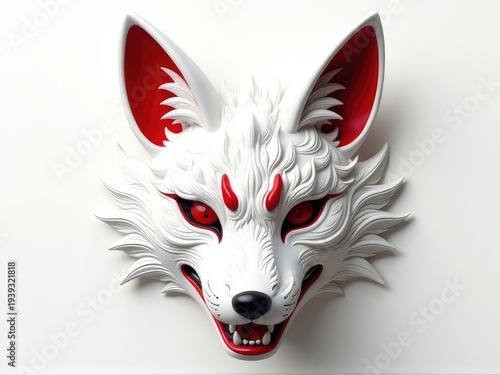 A wolf-themed mask with glowing red eyes mounted on a wall, perfect for decorative or themed events
