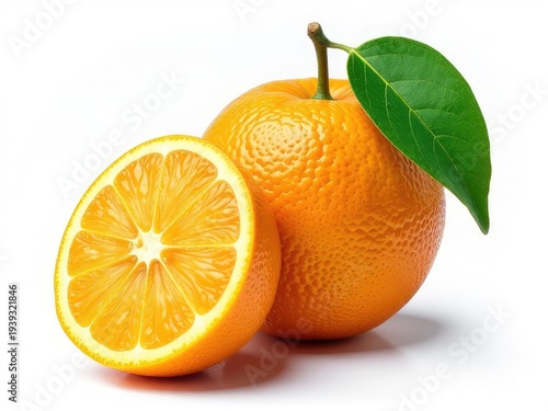 Freshly cut oranges with a green leaf on top, ideal for photography or design projects