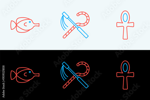 Set line Cross ankh, Butterfly fish and Crook and flail icon. Vector