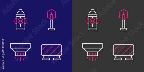 Set line Road barrier, Fire sprinkler system, shovel and hydrant icon. Vector