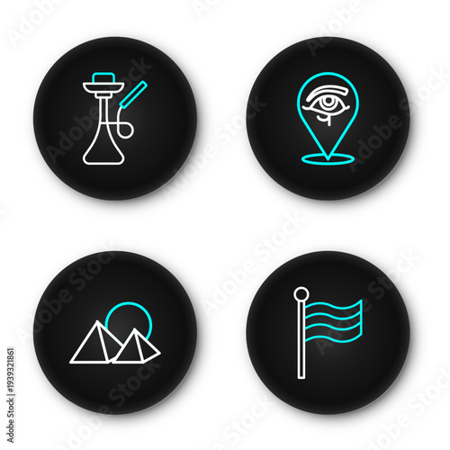 Set line Flag Of Egypt, pyramids, Eye of Horus and Hookah icon. Vector