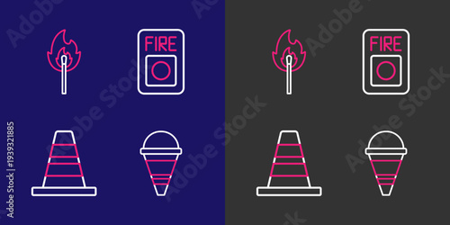 Set line Fire cone bucket, Traffic, alarm system and Burning match with fire icon. Vector