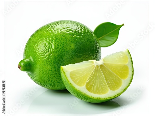 Fresh lime slice cut in half on a clean white surface
