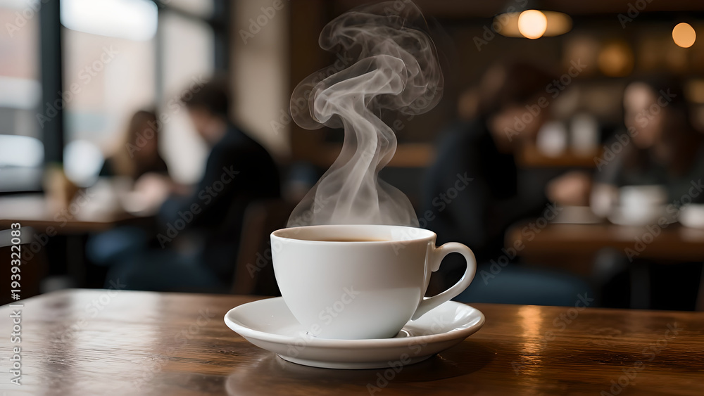 Fototapeta premium A steaming cup of coffee sits on a wooden table in a blurred cafe setting ideal for design use on transparent