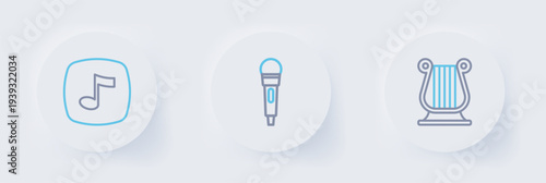 Set line Ancient Greek lyre, Microphone and Music note, tone icon. Vector